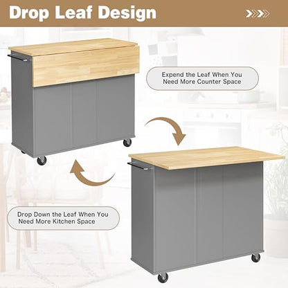 Shintenchi Kitchen Island with Folding Drop Leaf, Rolling Island Table with Storage, Kitchen Cabinet on Wheels with Seating Area for Kitchen, Bar Cart with Cabinet, Gray - color: Grey