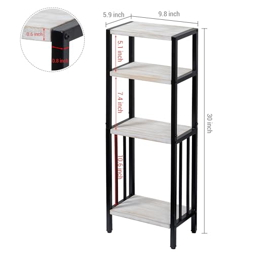 MyGift 4 Tier Shabby White Washed Solid Wood and Matte Black Metal Bathroom Floor Standing Shelf, Decorative Rectangular Bath Supplies Storage Shelving Stand