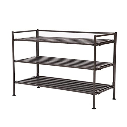 3-Tier Stackable 1" Slat Steel Frame Shoe Rack, 27.25"W x 12.75"D, Espresso | Interlocking modular design maximizes storage while the sturdy steel frame holds up to 12 pairs of shoes (Patented Design) - color: Espresso Slat, size: 3-Tier (NEW MODEL)