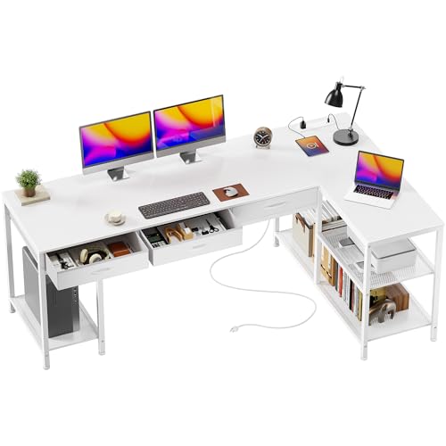 PRAISUN 63 Inch L Shaped Office Desk with Power Outlets and Type-C Port, Large Computer Gaming Desk with 3 Fabric Drawers, Mesh Shelves, Corner Study Work Writing Desk, White - color: White, size: 63inch
