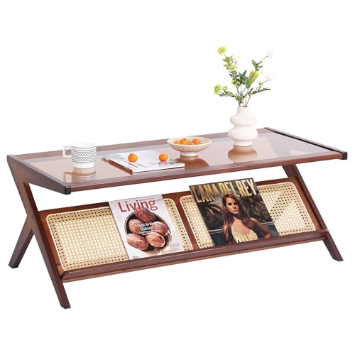 Tiita Rattan Coffee Table, Bamboo Accent Bedside Tables, Glass Nightstand Side Table, Boho Wooden End Table with Storage for Living Room,Living Room, Dining Room, Tea, Home Décor - color: Coffee Table-brown