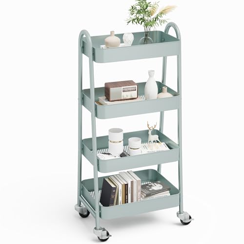 NEWBULIG 4-Tier Metal Rolling Cart with Lockable Wheels, Heavy Duty Mobile Utility Storage Shelf, Roller Book Snack Cart, Green - color: Green, size: 4 Shelves