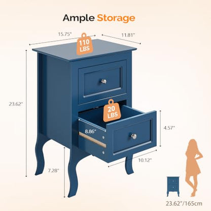 Bonnlo Blue Nightstand with 2 Drawers, Blue Night Stand Bedside Table for Bedroom, Kids Room, Living Room, Small Spaces, Dorm, 15.75" W x 11.8" D x 23.6" H - color: Navy Blue
