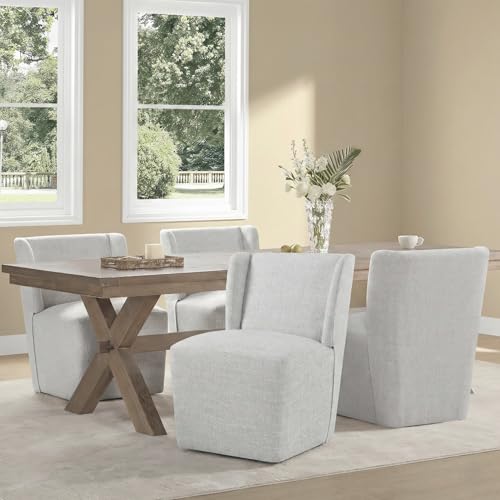 KISLOT Upholstered Dining Chairs Set of 4 with Casters, Wingback Modern Side Armless Deskchair with Rollers for Diningroom Bedroom Livingroom Reading Room, Light Grey Fabric - color: A Light Grey Fabric, size: Set of 4