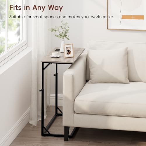 Vagusicc C Shaped End Table with Charging Station, C-Table End Table Adjustable Height Side Table for Couch, Large Couch Table, Slide Under Couch Table TV Tray Table for Sofa,Living Room,Bedroom, Grey - color: Greige, style: With Plug