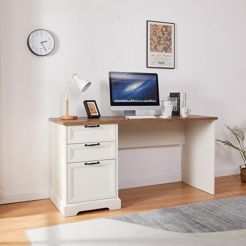 60" Farmhouse Executive Desk with Charging Station,Home Office Desk with 2 Drawers &1 File Cabinet,Wood Work Desk for Office and Home - color: White