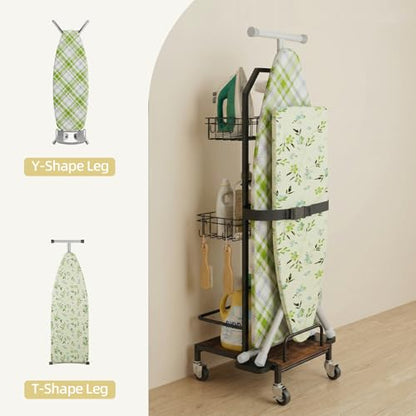 Ironing Board Holder Cart for Small & Narrow Laundry Rooms, Freestanding Iron & Ironing Board Storage Rack for T & X Boards with 3-Tier Shelves, Rolling Metal Wheels, Hooks, No Wall Mount