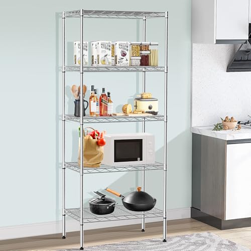 BLKMTY 5 Tier Wire Shelving, Narrow Storage Metal Shelf, Standing Shelf Units, Adjustable Garage Shelving, 750 lbs Capacity, Commercial Shelves, 11.6" D x 21.5" W x 47.6" H, Chrome - color: Chrome, size: 5 Tire: 11.6" D x 21.5" W x 47.6" H
