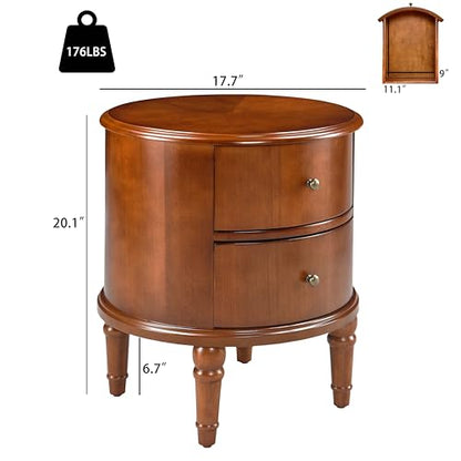 Round Solid Wood End Table with 2 Drawers and Fully Assembly | Beside Table for Couch, American Style Nightstand for Bedroom, Telephone Table for Living Room, Small Space Accent Table - size: 20.1" H End Table