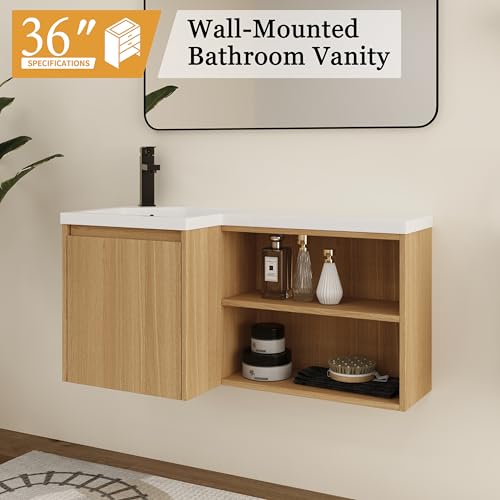 Malwee 36" Corner Floating Bathroom Vanity with Resin Sink, Left Side L-Shaped Wall Mounted Cabinet, Soft Close Door & Open Shelf, Space Saving Vanity for Small Bathroom, Light Brown - size: 36" (Left Sink)