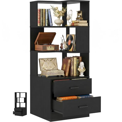 Armocity Corner Bookshelf with Drawers, 6 Tier Corner Book Shelf Display Bookcase, Freestanding L Shaped Bookshelf for Bedroom, Living Room, Home Office, Black - color: Black, size: 6 Tier(2 Drawers + 4 Shelves)