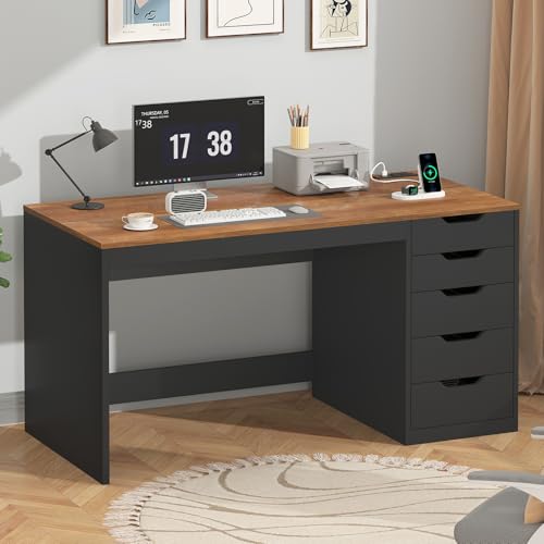 YOMILUVE 47 Inch Computer Desk with 5 Drawers and Power Outlets, Home Office Desks with Storage File Cabinet, Modern Simple Laptop Desk Writing Table for Small Spaces, Brown and Black - color: Brown and Black
