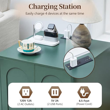 Samll Square Side Table with Charging Station, Mid Century Modern Nightstand with Storage for Bedroom Bed, Small Accent Table with Doors for Living Room Couch Sofa Chair, Office Desk - Green - size: Green-door