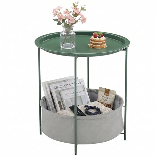 VECELO Round Side/End Table with Fabric Storage Basket，Metal Anti-Rust and Waterproof Small Bedside Nightstand with Removable Tray Top for Living Room，Balcony & Laundry，Dark Green /1pcs with Basket - color: Dark Green, size: 1 PCS with Basket