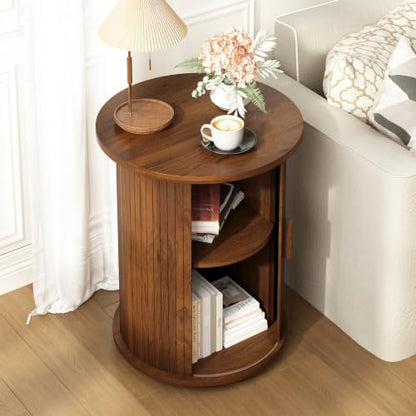 Wnutrees Round Fluted End Table, Small Accent Pedestal Side Table, Brown | Wood Nightstand with Sliding Door & 2 Tier Shelf, Bedside Unit for Living Room, Bedroom - color: Brown