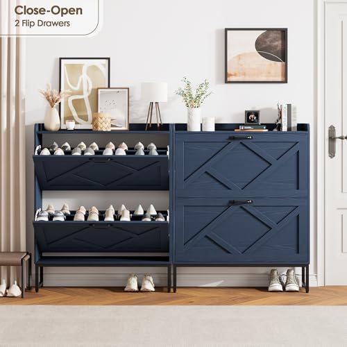 Nicetree Shoe Storage Cabinet, Shoe Cabinet with 2 Flip Drawers, Narrow Shoe Rack Cabinet, Farmhouse Slim Shoe Cabinet Storage for Entryway,Blue - color: Navy Blue