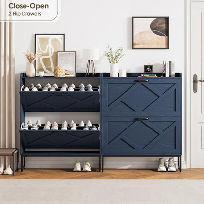 Nicetree Shoe Storage Cabinet, Shoe Cabinet with 2 Flip Drawers, Narrow Shoe Rack Cabinet, Farmhouse Slim Shoe Cabinet Storage for Entryway,Blue - color: Navy Blue
