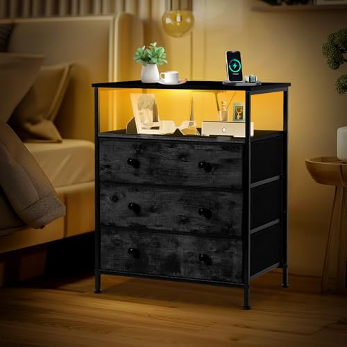 3-Drawer LED Nightstand with Charging Station, Black. | Engineered Wood and Steel, 2 AC and 2 USB ports, 24 Inch Wide, RGB App Control, Fabric Drawers, Open Storage Shelf - color: Black