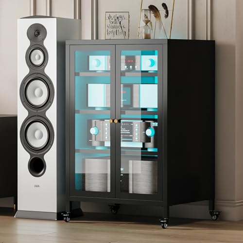 Metal Media Cabinet with 13-Color LED Lights & Swivel Wheels, 4-Tier Stereo Cabinet with Glass Doors, Adjustable Shelves AV Rack with Cable Management, Black - color: Black, style: Swivel Wheels + RGB Lights
