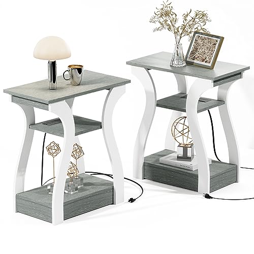 FROMJBEST End Tables Living Room Set of 2,Grey End Table with Charging Station,Grey Side Table, Nightstand for Bedroom, 3 Tier End Table with Storage Shelf for Living Room - color: Grey