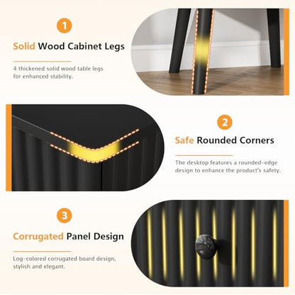 Wooden Nightstand with 2 Drawers, Fluted Night Stand Set of 2, Morden Side Table for Bedroom, Living Room and Small Space, Black