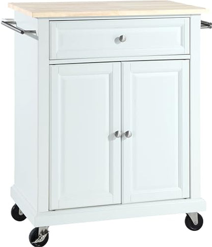 Crosley Furniture Compact Wood Top Small Rolling Cart with Shelves, Microwave Stand with Towel Rack, White - color: White, style: Natural Wood Top