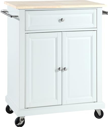 Crosley Furniture Compact Wood Top Small Rolling Cart with Shelves, Microwave Stand with Towel Rack, White - color: White, style: Natural Wood Top