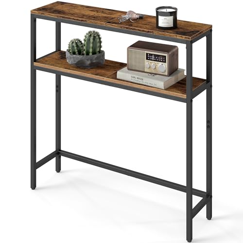 VASAGLE Console Table, 2-Tier Narrow Sofa Table with 2 Shelves, 7.9 x 31.5 x 31.5 Inches, for Living Room, Hallway, Entryway, Rustic Brown and Ink Black ULNT130K01V1 - color: Rustic Brown + Ink Black, size: 31.5"W - Without Power Outlet