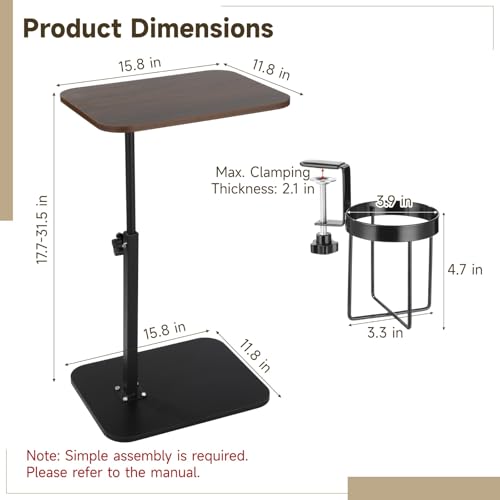 Rotating C Shaped Side Table with Cup Holder, Adjustable Height Sofa Side Table, 360 Swivel Tray Table, Slide Under Couch End Table for Bedside, Laptop, Small Space