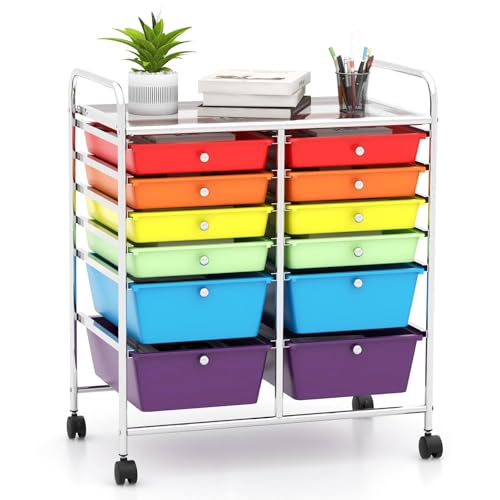 DREAMADE Rolling Cart with Storage Drawers, Utility Cart with Removable Plastic Drawers, Lockable Wheels, Art Cart for Classroom Organization Art Supplies Office Scrapbook (‎12 Drawers, Multi-color) - color: Multi-color, style: ‎12 Drawers