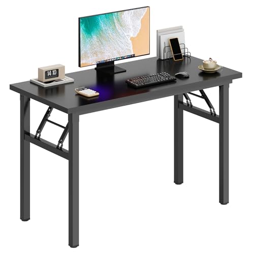 DlandHome 39.4 Inch Small Folding Computer Desk for Home Office, Black | Foldable Writing Table for Small Spaces Bedroom, No Assembly Required, Wood Top Metal Frame, Collapsible Compact Easy Storage - color: Black + Black, size: 39 Inches