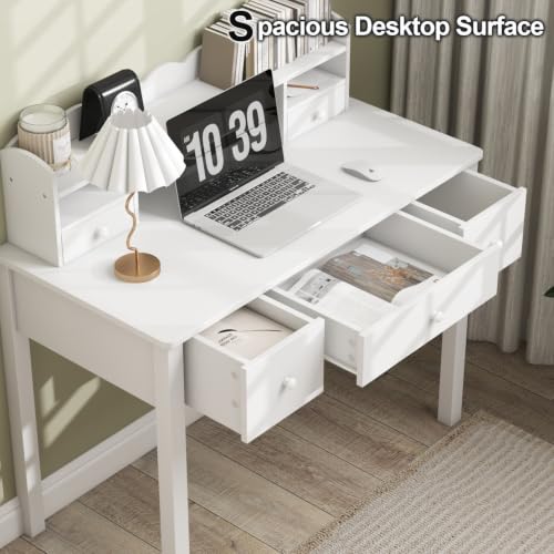 FUNKOCO White Writing Desk with Hutch & 5 Drawers - 40 Inch Modern Computer Workstation for Home Office, Teen Desk, Small Study Desk, Ideal for Gift - color: 3-large White