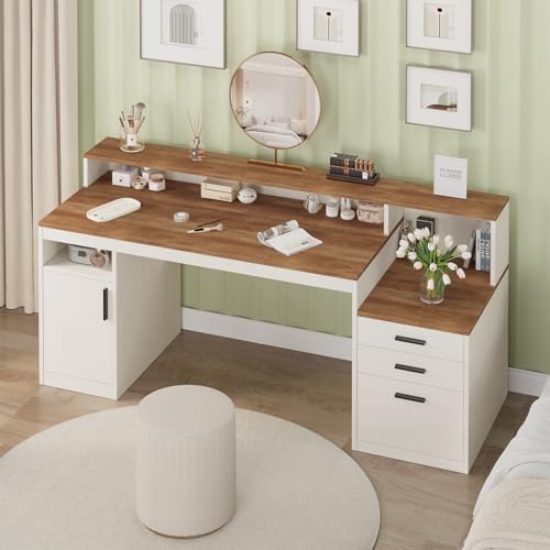 YOMILUVE 65 Inch Computer Desk with 3 Drawers & Storage Shelves, Executive Desk with File Drawer & Cabinet, Home Office Desk with Long Monitor Stand & Printer Shelf, Antique White - color: Antique White