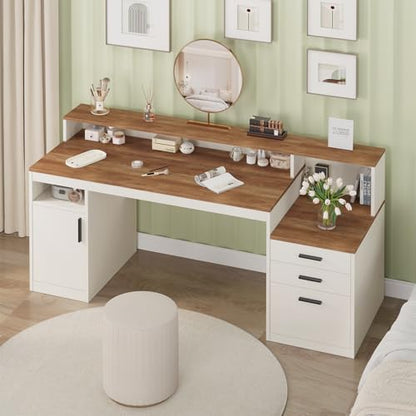 YOMILUVE 65 Inch Computer Desk with 3 Drawers & Storage Shelves, Executive Desk with File Drawer & Cabinet, Home Office Desk with Long Monitor Stand & Printer Shelf, Antique White - color: Antique White