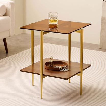 LumFurn Glass End Table, Mid-Century Modern Design Sofa Table, L41 x W21 x H17, for Living Room, 2-Tier Structure, Clear Glass Top and Walnut MDF Shelf, Sleek Conical Metal Legs with Gold Finish Frame - color: Amber & Walnut, size: L41" End Table