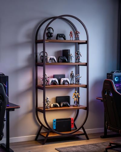 Bookshelf Arched Bookcase, 5 Tier Open Freestanding Display Shelf for Home Office, Living Room, Walnut - color: Walnut, size: 5 Tier Arched