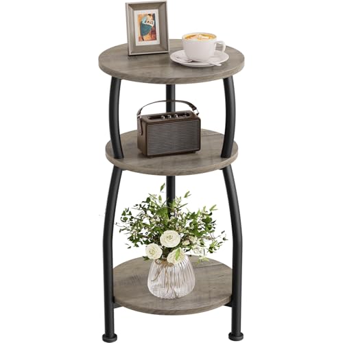 Small Round Side Table, 3-Tier Slim End Table for Small Spaces | 11.8in Compact Nightstand Accent Table Fits Coffee, Books or Home Decor Plants, for Living Room, Bedroom, Patio, Grey - color: Grey, size: 11.8''Dia