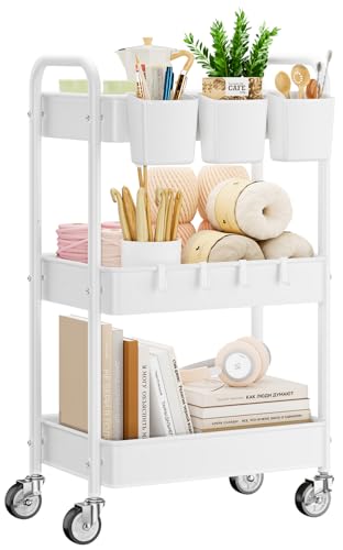 YASONIC Metal 3 Tier Rolling Cart - Heavy Duty Utility Cart with Lockable Wheels, Hanging Cups, Hooks, Mesh Rolling Storage Cart Craft Cart Organizer, Lightweight and Sturdy, White - color: White