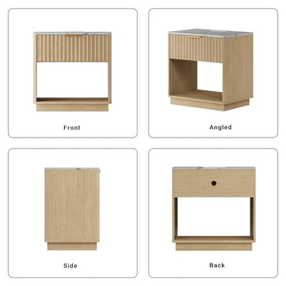 Fluted Nightstand, Night Stand Set 2, 23" Wide Nightstands Set of 2 with Charging Station & Faux Marble Top, Modern End Table with Drawer, Bedside Table for Bedroom Living Room, Natural Oak - color: Natural Oak + Faux Marble Top, size: 1 Drawer（23"W）