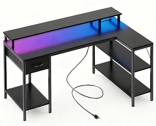 Alpen Corner Desk, 53 Inch L Shaped Desk with USB Charging Port and LED Light, Computer Desk with Storage Shelves & Monitor Stand, Corner Gamer Desk Table for Bedroom, Black - color: Black, size: 53 Inches with LED Lights