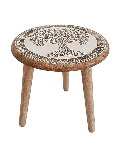 VANIYA CRAFTS® Wooden Engraved Fold-able Side Table/End Table/Plant Stand/Stool for Living Room Bedroom Restaurant Kids Play Furniture Table Round Shape (Natural White 3) - color: Natural White 3