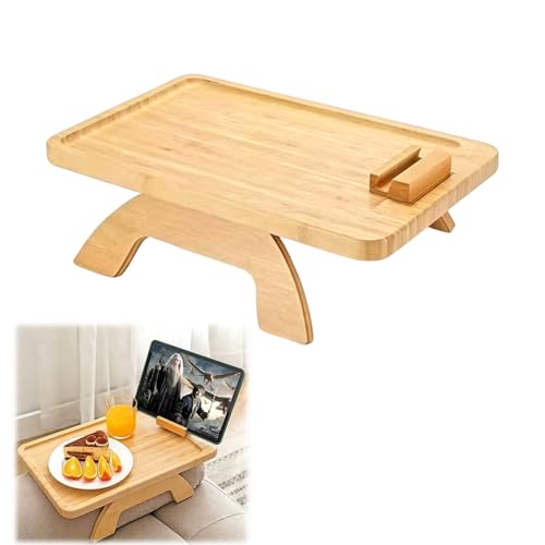 UPABLUNSO 1-Pack Couch Arm Tray Table, Bamboo Clip-On Sofa Armrest Snack Tray, Square with 360° Phone Holder, Collapsible Cozy Sofa Armrest Tray Bamboo Side Table for Drinks, Food or Something Else - color: Square Natutal