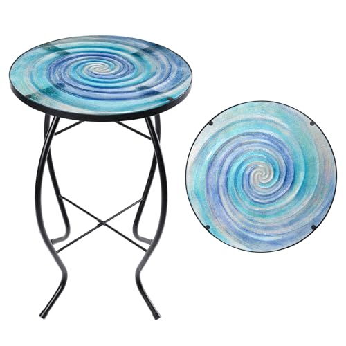MUMTOP Outdoor End Tables for Patio, The Milky Way Small Round Side Table, Glass Accent Table for Outside, Garden, Balcony, Porch, Indoor Home Decor - color: Cyan