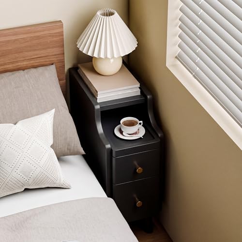 Nightstand, Pre-Assembled, 19.7“H Solid Wood Narrow Night Stand with 2 Drawers, Open Sliding Shelf, Mid Century Modern Small Bedside Table for Bedroom, Black 8" - color: Black, size: 8"