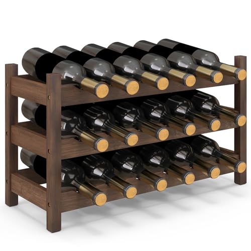 Giantex Bamboo Wine Rack, 3-Tier 18 Bottle Wine Storage Cabinet Shelf, Small Bottle Organizer Freestanding Counter, Countertop Wine Rack for Kitchen, Bar, Pantry & Wine Cellar, Coffee - color: Coffee, size: 24" x 9.5" x 15"(L x W x H)