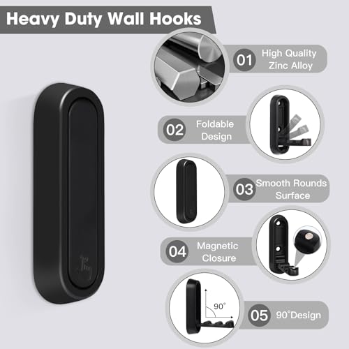 Folding Wall Hooks, 2 Pcs Foldable Black Coat Hooks Heavy Duty Foldable Hook Bathroom Towel Hooks Robe Hooks Wall Mounted for Hanging Coat Towels Clothes Hat Bags Keys | 90° Foldable Design, Wall Mounted, Holds Up To 40 Lbs, Screws And Anchors Included, F