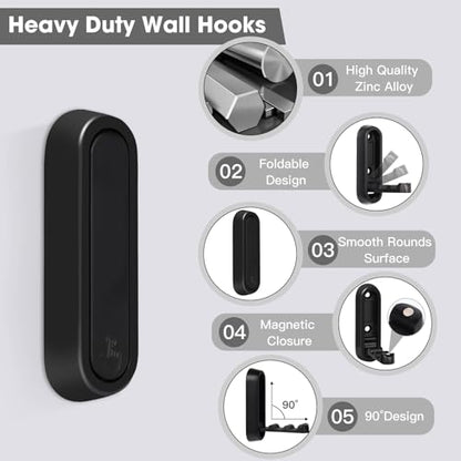 Folding Wall Hooks, 2 Pcs Foldable Black Coat Hooks Heavy Duty Foldable Hook Bathroom Towel Hooks Robe Hooks Wall Mounted for Hanging Coat Towels Clothes Hat Bags Keys | 90° Foldable Design, Wall Mounted, Holds Up To 40 Lbs, Screws And Anchors Included, F