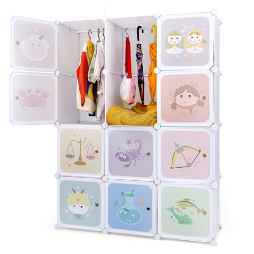 INFANS Children Wardrobe, Kid Closet Portable Baby Dresser Cute for Kids Bedroom Nursery Armoire with Doors 12 Cube 2 Hanging Sections, Kid Clothes Storage Organizer (Pink, 12 Cubes) - color: Cream White, size: 12 Cubes
