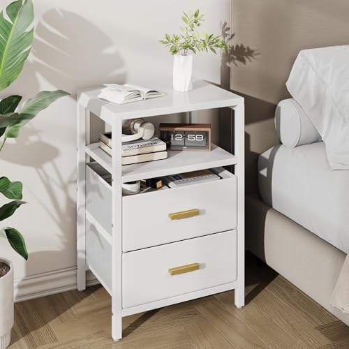 Nightstand 2 Drawers Side Table Modern Bedside End Table | White night stand with 2 fabric drawers, double layer shelf, metal frame, space saving end table for bedroom and living room - size: 2 Drawers, Single Piece