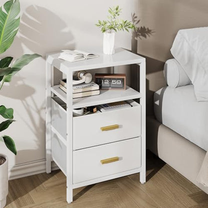 Nightstand 2 Drawers Side Table Modern Bedside End Table | White night stand with 2 fabric drawers, double layer shelf, metal frame, space saving end table for bedroom and living room - size: 2 Drawers, Single Piece